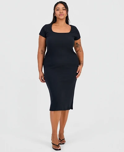 Full Circle Trends Trendy Plus Short-Sleeve Square-Neck Bodycon Dress