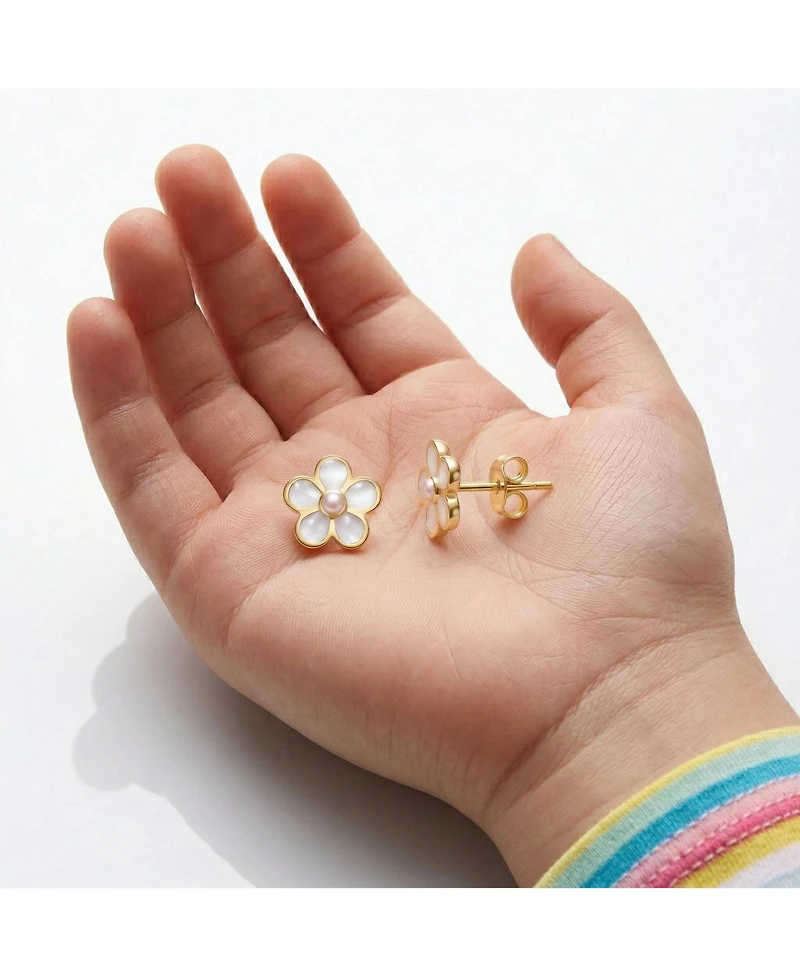 GiGiGirl Sterling Silver 14K Gold Plated with White and Pink Enamel Flower Screw Back Earrings