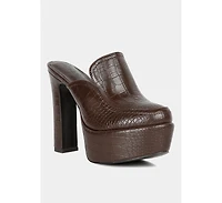 Bauhaus Womens Croc Pattern Heeled Platform Mules