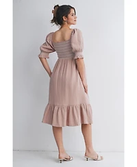 Hello Miz Maternity Smocked Empire Waist Puff Sleeve Midi Dress with Ruffle Hem
