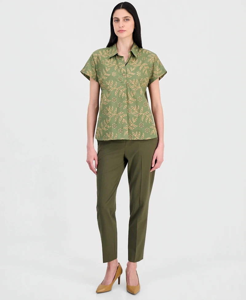 Tahari Asl Petite Collar Neck Short-Sleeve Cotton Top
