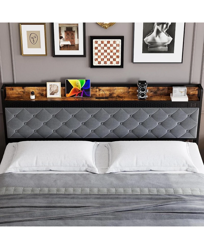 gaomon King Bed Frame with 2 Drawers and Charging Station, Upholstered Led Bed Frame with Storage Headboard, Noise-Free Design, No Box Spring Needed