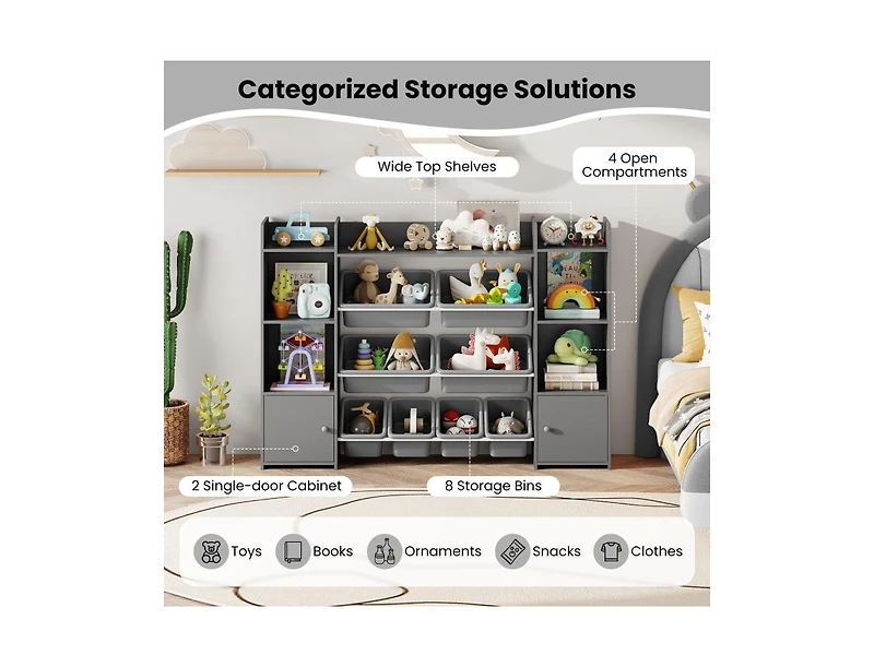 Slickblue Large Kids Storage Organizer with 8 Bins and Bookshelf
