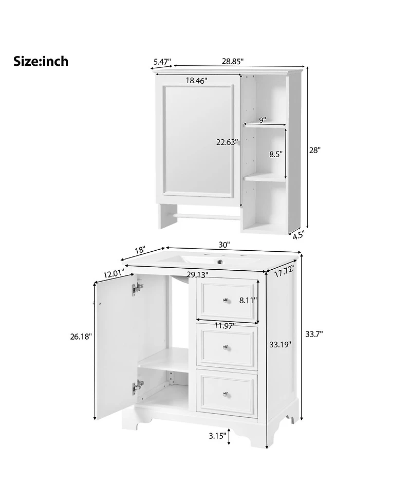 Sillysis 30" Solid Wood Bathroom Vanity Set with Mirror Cabinet, Ceramic Sink & Soft Close Drawers for Modern Bath-Sillysis