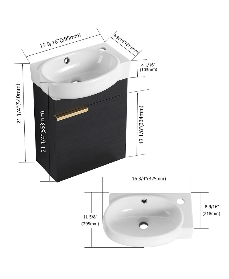 Sillysis 17" Wall-Mounted Modern Bathroom Vanity with Ceramic Sink, Black Chestnut Plywood Cabinet & Soft Close Door for Small Spaces