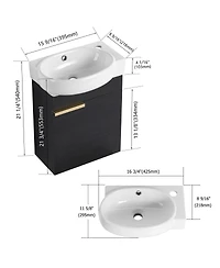 Sillysis 17" Wall-Mounted Modern Bathroom Vanity with Ceramic Sink, Black Chestnut Plywood Cabinet & Soft Close Door for Small Spaces