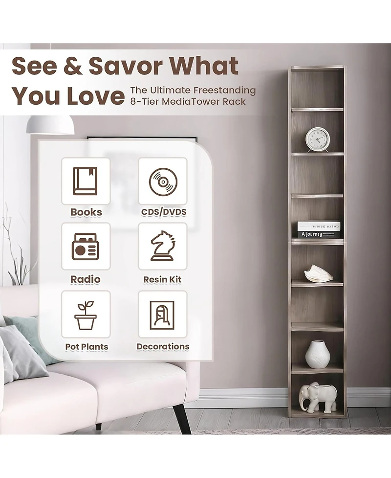 Rainsken 8-Tier Tall Narrow Bookshelf