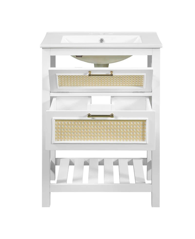 Sillysis 24 Inch Freestanding Bathroom Vanity with Ceramic Sink, Flip-Out Drawer & Modern Storage for Small Spaces