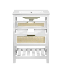 Sillysis 24 Inch Freestanding Bathroom Vanity with Ceramic Sink, Flip-Out Drawer & Modern Storage for Small Spaces