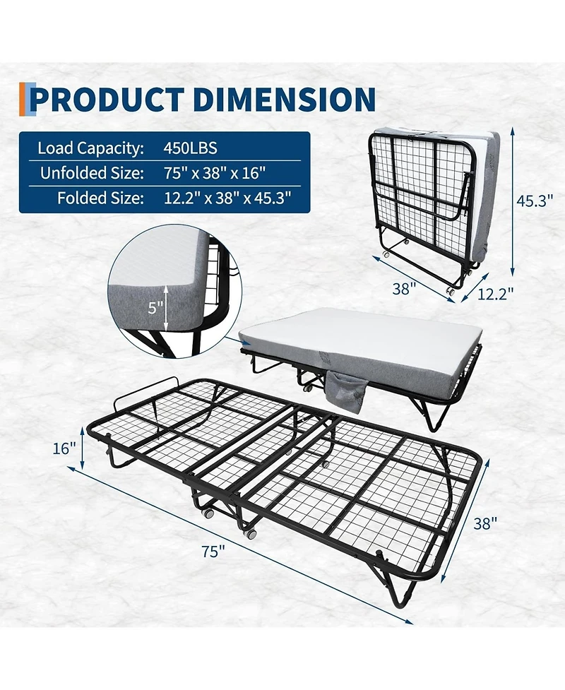 gaomon Folding Bed with Mattress, 75" x 38" Folded Bed with 5 Memory Foam Mattress and Sturdy Metal Frame, Rollaway Guest Beds on Wheels for