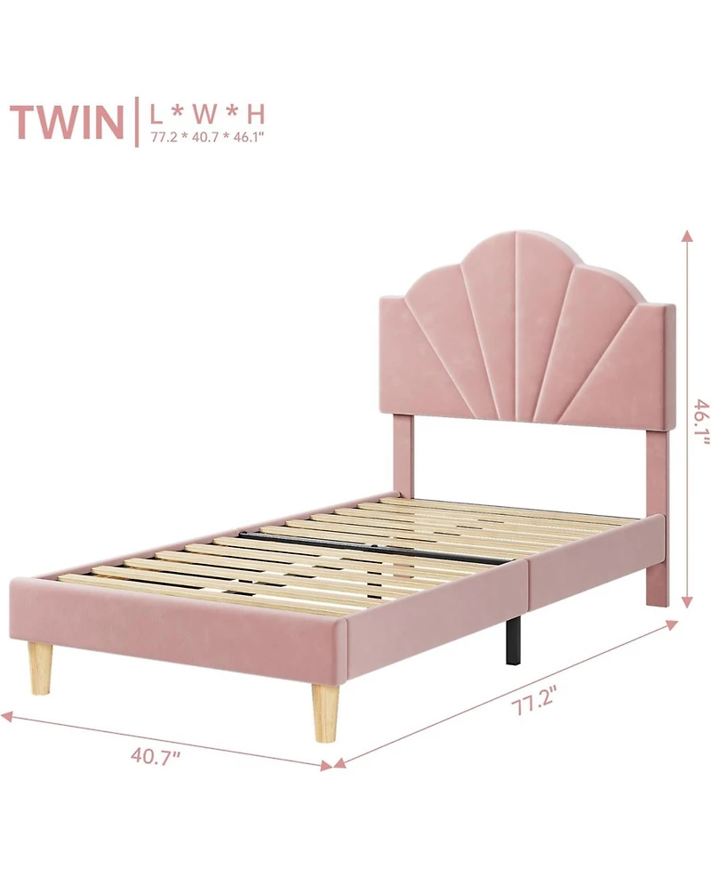 gaomon Twin Bed Frame with Shell Headboard, Velvet Upholstered Bed Frame with Adjustable Headboard, Girl Platform Strong Wood Slat Support