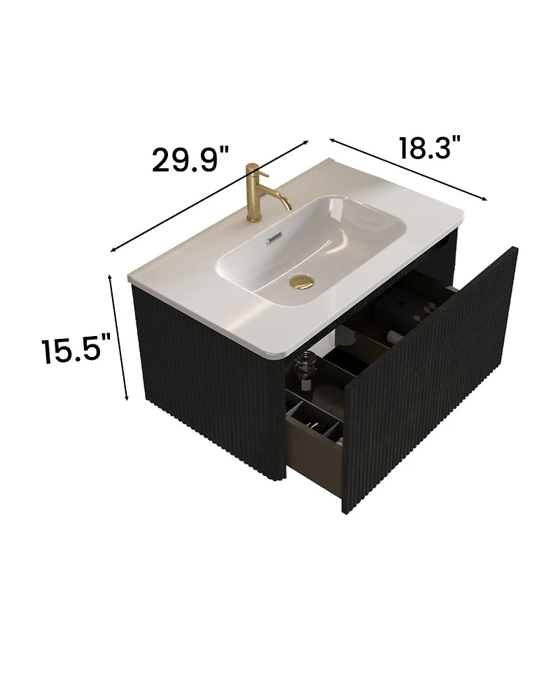 Sillysis 30 Floating Bathroom Vanity with Integrated Ceramic Sink, Wall Mounted Bathroom Vanity without Faucet, Pre-assembled