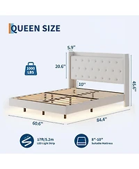 gaomon Floating Bed Frame with Led Lights, Velvet Upholstered Platform, Storage Headboard, No Box Spring Needed, Noise Free