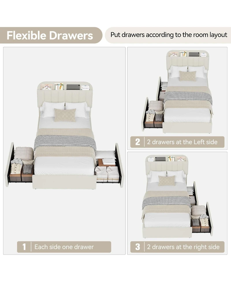 gaomon Bed Frame with Storage Headboard, Kids Bed Frame with 2 Drawers, Boucle Upholstered Platform Bed with Bookcase, No Box Spring Needed