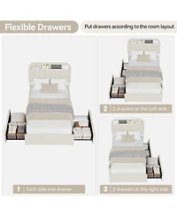 gaomon Bed Frame with Storage Headboard, Kids Bed Frame with 2 Drawers, Boucle Upholstered Platform Bed with Bookcase, No Box Spring Needed