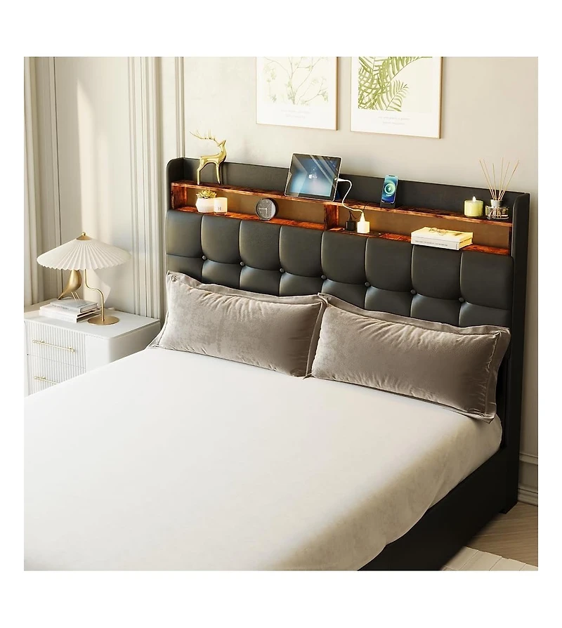 gaomon Bed Frame Full with Headboard and 2 Storage Drawers, Full Size Upholstered Bed Frame with Led Light, Modern Soft Bed