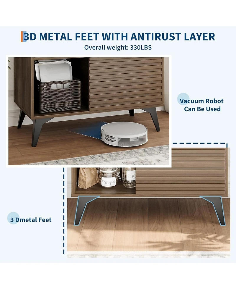 gaomon 31" Fluted Sliding Door Sideboard,Modern Wooden Storage Cabinet with Metal Base, Floor-Standing Storage Cabinet