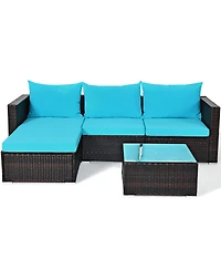 Gymax 5PCS Cushioned Rattan Patio Conversation Set w/ Coffee Table Ottoman