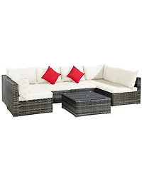 Gymax 7PCS Pe Rattan Patio Sectional Sofa Conversation Set w/ Cushions