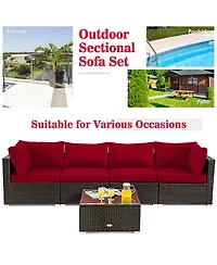 Gymax 5PCS Rattan Patio Conversation Set Sofa Furniture Set w/ Cushions