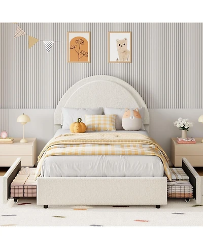 gaomon Twin Boucle Bed Frame with 2 Drawers Upholstered Platform Round Headboard Wood Slats No Box Spring