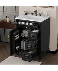 Sillysis 24 Inch Freestanding Bathroom Vanity with Ceramic Sink, Flip Drawer Storage and Adjustable Shelf for Small Spaces