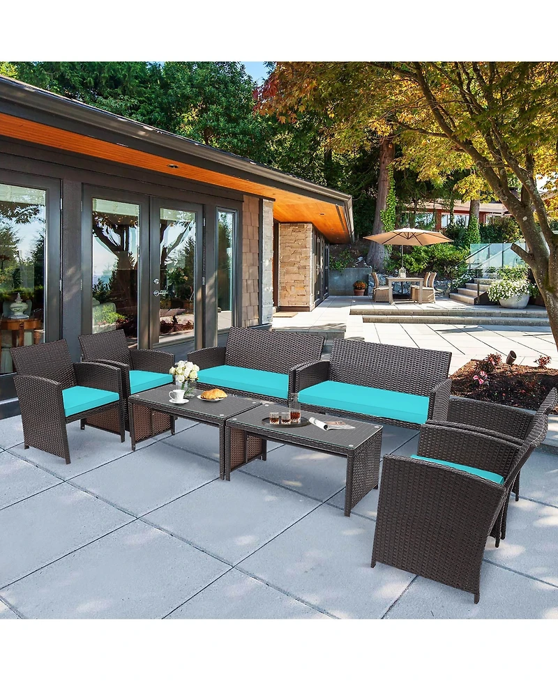 Gymax 8PCS Patio Conversation Set Outdoor Rattan Furniture Set w/ Cushions