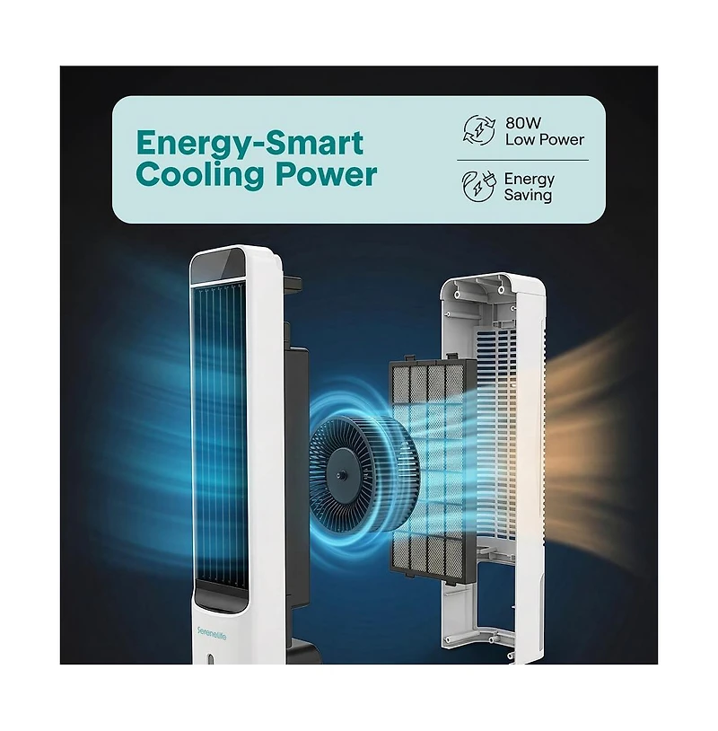 SereneLife Portable Evaporative Air Cooler Tower Fan Detachable Water Tank, 60° Oscillation, 3 Modes, 4 Ice Packs & Remote Control, White