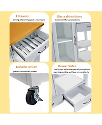 Rainsken Kitchen Island Cart, Portable Bar Rolling Storage Cabinet on Wheels with Open Shelving, Drawers, and a Glass-Door for Kitchen