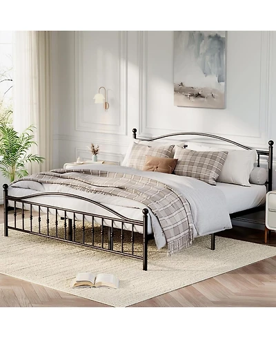 King Size Metal Platform Bed Frame with Vintage Circular Headboard and Footboard, Heavy-Duty Iron Frame, No Box Spring Needed, Noise-Free Design