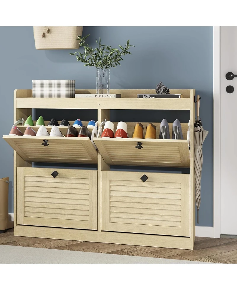 Homfan Large Shoe Storage Cabinet with 4 Flip Drawers, Freestanding Narrow Shoe Organizer with Hooks and Storage, Hidden Shoe Organizer