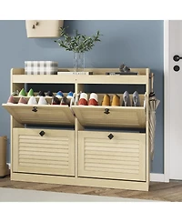 Homfan Large Shoe Storage Cabinet with 4 Flip Drawers, Freestanding Narrow Shoe Organizer with Hooks and Storage, Hidden Shoe Organizer