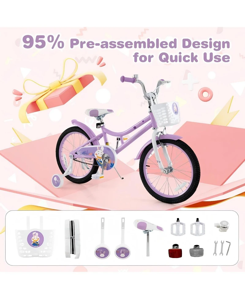 Hongge 18 Inch Girl Bike with Basket with Detachable Training Wheels