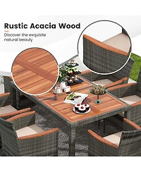 Gymax 7 Pcs Patio Wicker Dining Set w/ Acacia Wood Table & 6 Armchairs