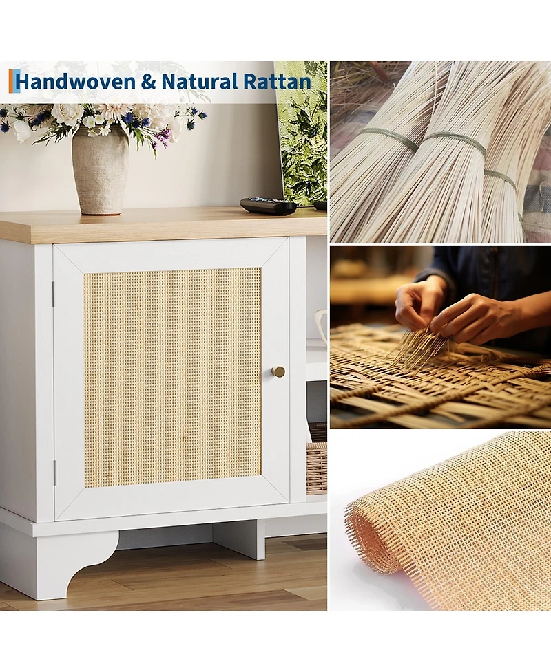 gaomon Rattan Tv Stand Fits TVs up to 65 inches, Entertainment Center with Cabinets and Open Shelves