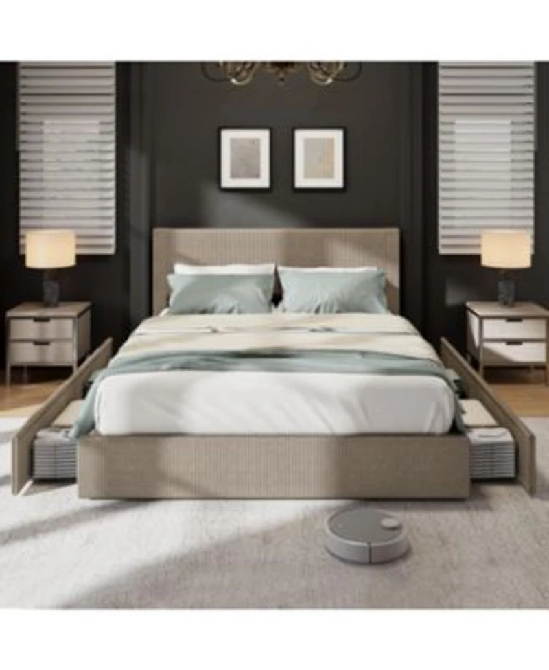 Gaomon Platform Bed With 4 Storage Drawers Upholstered Corduroy Channel Tufted Headboard Bed Frame With Strong Wooden Slat Support