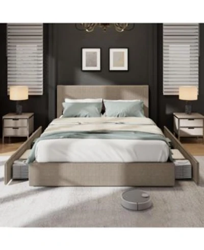 Gaomon Platform Bed With 4 Storage Drawers Upholstered Corduroy Channel Tufted Headboard Bed Frame With Strong Wooden Slat Support