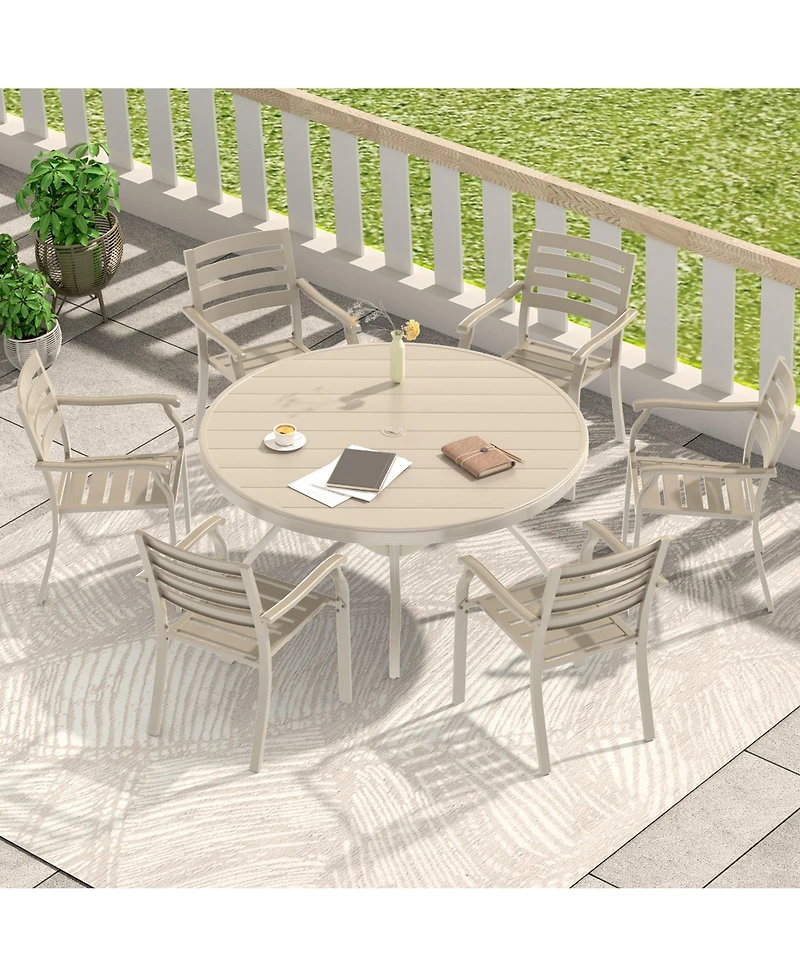 Mondawe 7-Piece Outdoor Dining Set, 6 Stackable Metal Chairs with 1 Round Slatted Table, Sandstone Color, All-Weather Patio Set