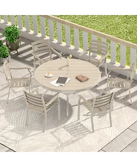 Mondawe 7-Piece Outdoor Dining Set, 6 Stackable Metal Chairs with 1 Round Slatted Table, Sandstone Color, All-Weather Patio Set