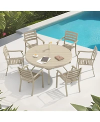 Mondawe 7-Piece Outdoor Dining Set, 6 Stackable Metal Chairs with 1 Round Slatted Table, Sandstone Color, All-Weather Patio Set