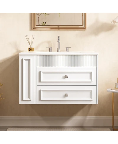 Sillysis 30" Wall Mounted Bathroom Vanity with Sink, Modern Mdf Cabinet, 2 Drawers and Open Shelves for Small Spaces