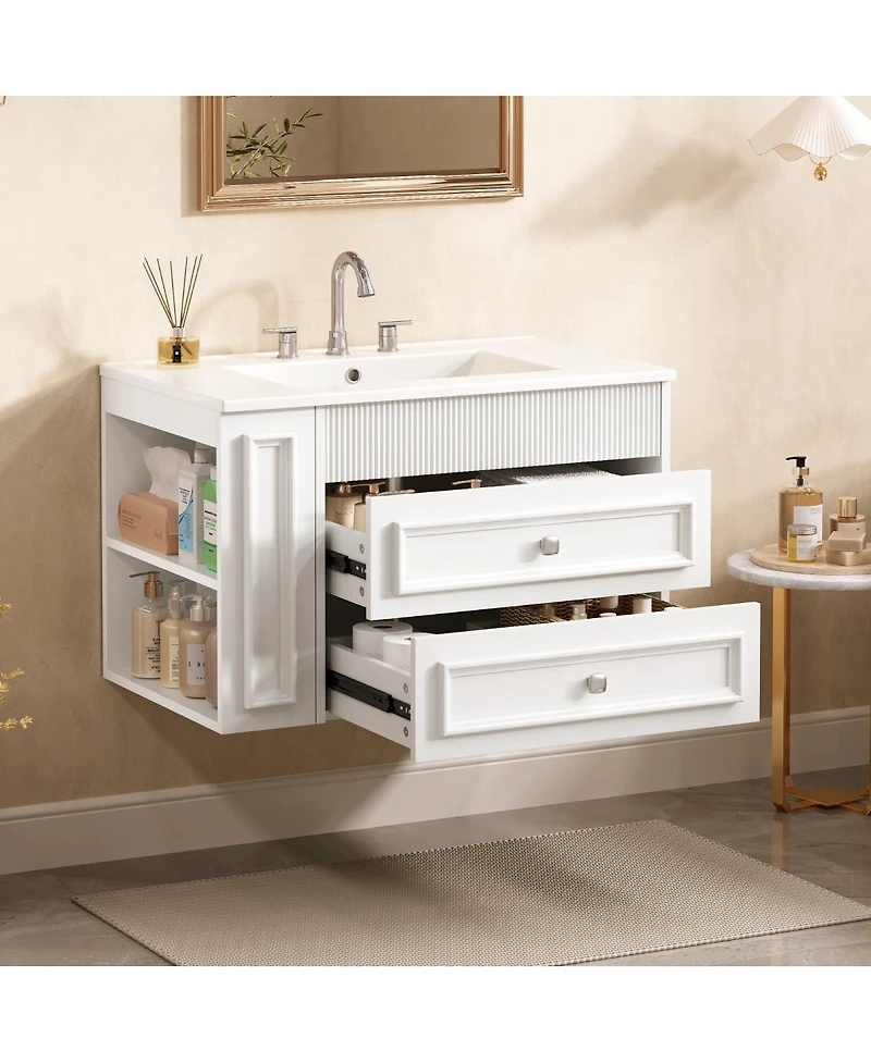 Sillysis 30" Wall Mounted Bathroom Vanity with Sink, Modern Mdf Cabinet, 2 Drawers and Open Shelves for Small Spaces
