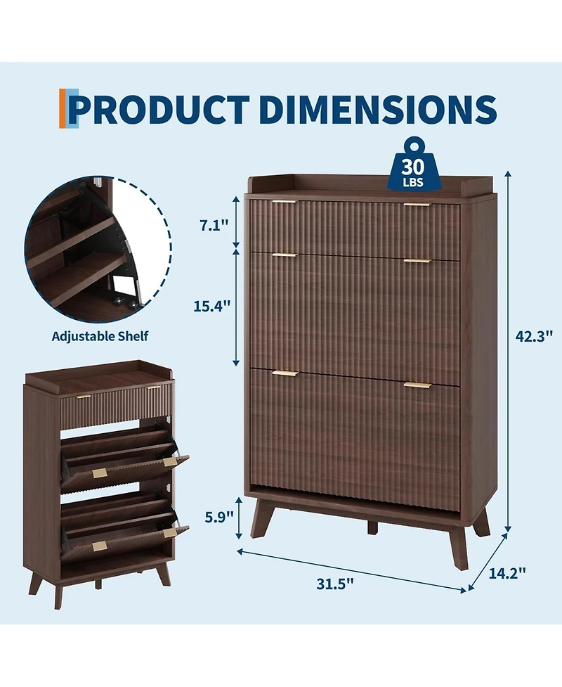 Gaomon Fluted Wood Shoe Storage Cabinet for Entryway with 2 Flip Drawers and Adjustable Shelves 48 inch Tall Freestanding Hidden Narrow Shoe Rack