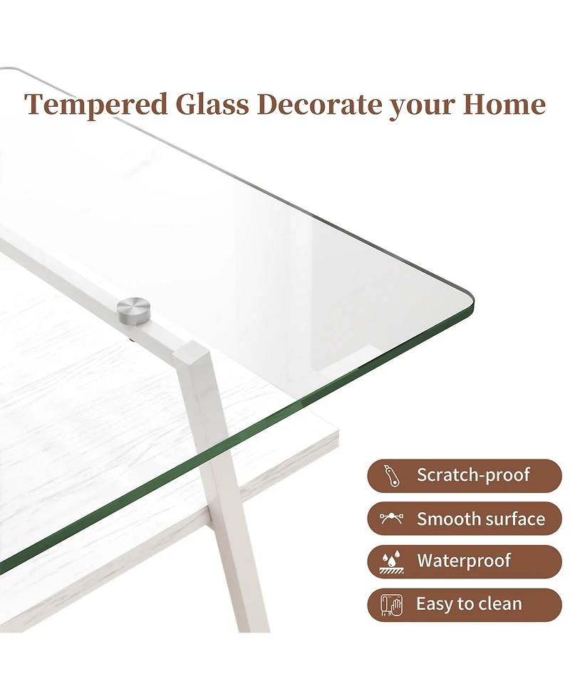 Rainsken Rectangle Coffee Table, 2 Tier Center Table with Clear Tempered Glass Top and Metal Legs for Living Room