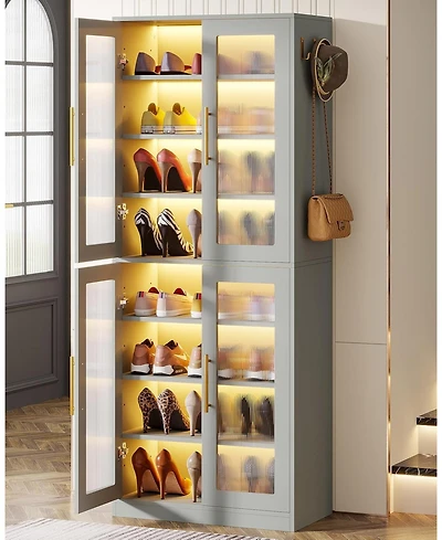 Tribesigns 8-Tier Tall Shoe Storage with Acrylic Doors and Led Lights Set of 2, Organizer Rack Adjustable Shelves Hanging Hooks