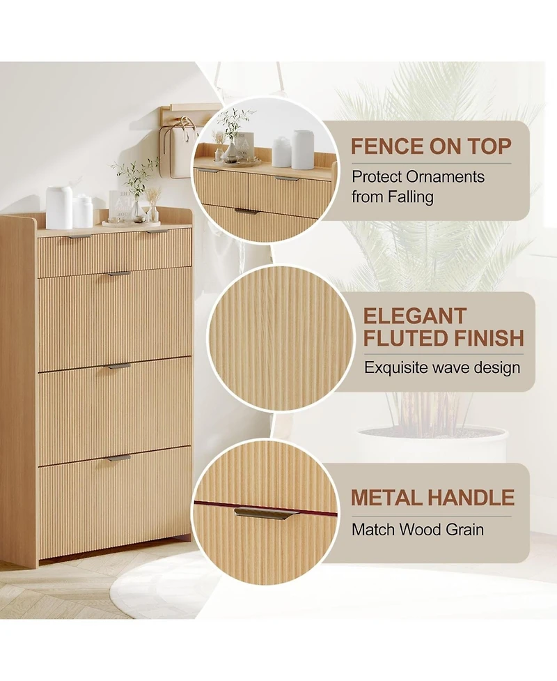 gaomon Modern Shoe Cabinet with 3 Flip Drawers and 2 Small Drawers and Hook Slim Fluted Shoe Storage Organizer.