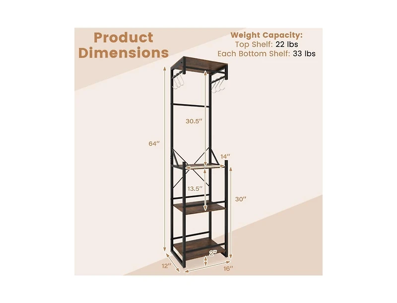 Slickblue Freestanding Coat Rack with 6 Hooks and 4 Storage Shelves