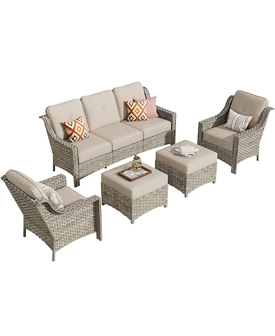 Xizzi 5 Piece Outdoor Patio Furniture Set,Wicker Conversation Set with Comfy Deep Sofa,Wide Armrest Chairs Ottoman for Outside Porch Balcony