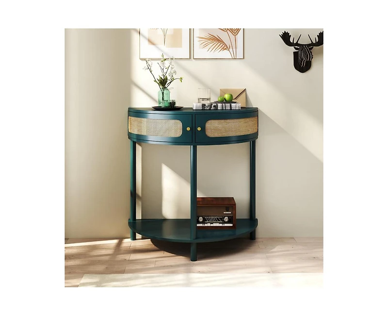 sumyeg 31.8" Corner Cabinet Side Table with 2 Rattan Storage Cabinet and Bottom Shelf