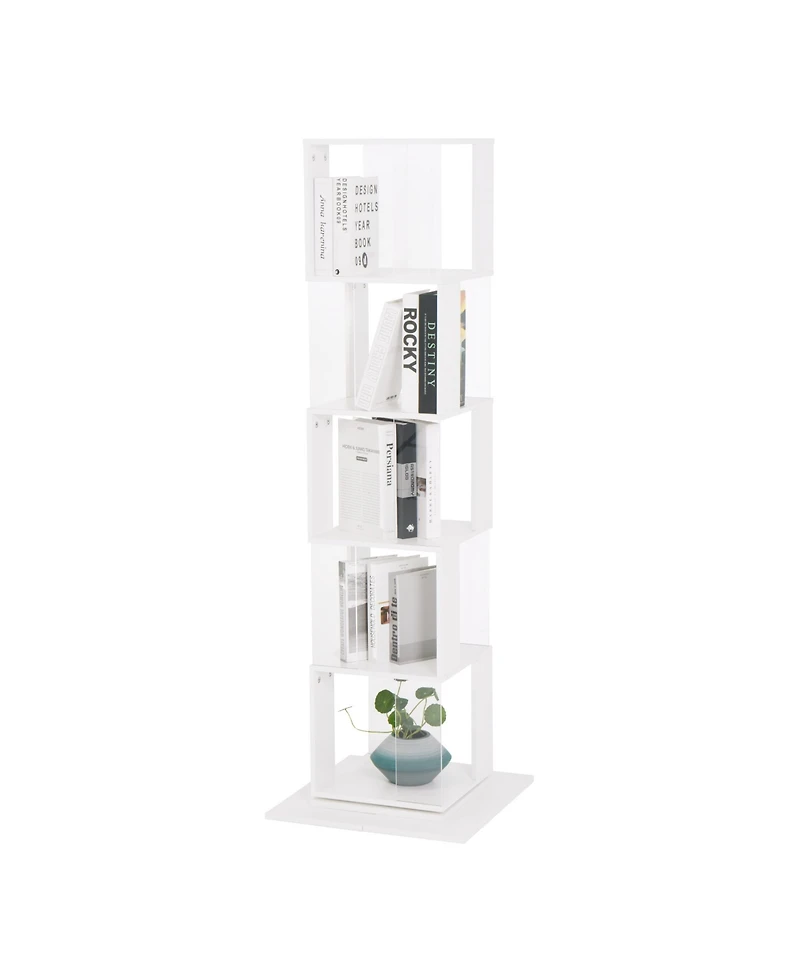Rainsken 360° Rotating Bookshelf, 5-Tier Floor Standing Bookcase, Modern Display Rack with Acrylic Plate, Anti-toppling Base for Living Room